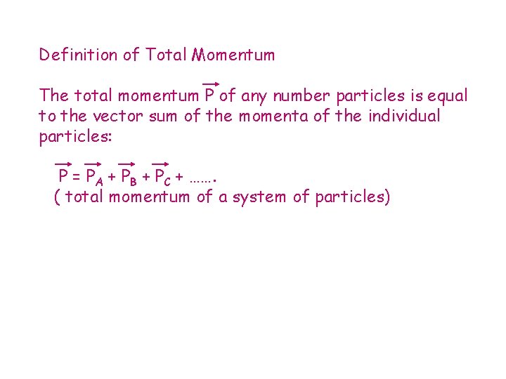 Definition of Total Momentum The total momentum P of any number particles is equal