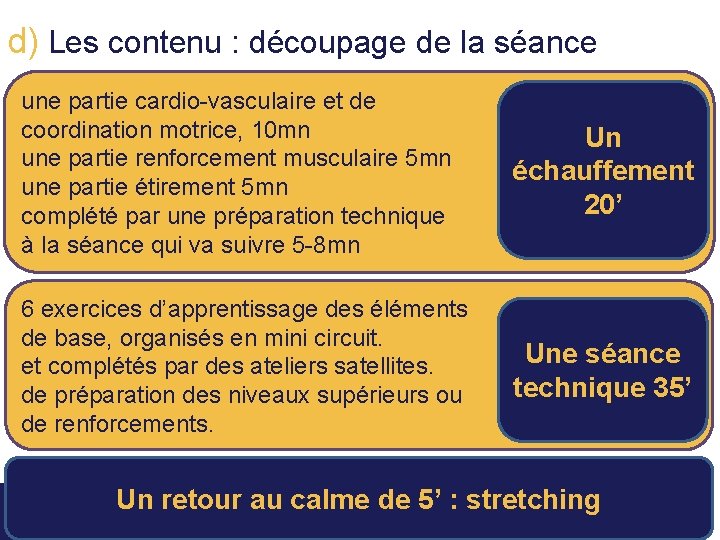 d) Les contenu : découpage de la séance une partie cardio-vasculaire et de coordination