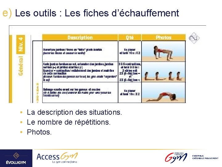 e) Les outils : Les fiches d’échauffement • La description des situations. • Le