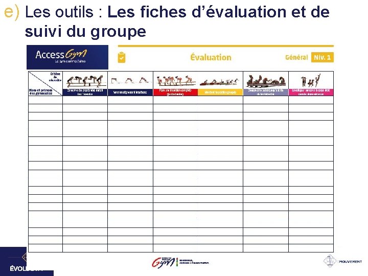 e) Les outils : Les fiches d’évaluation et de suivi du groupe 