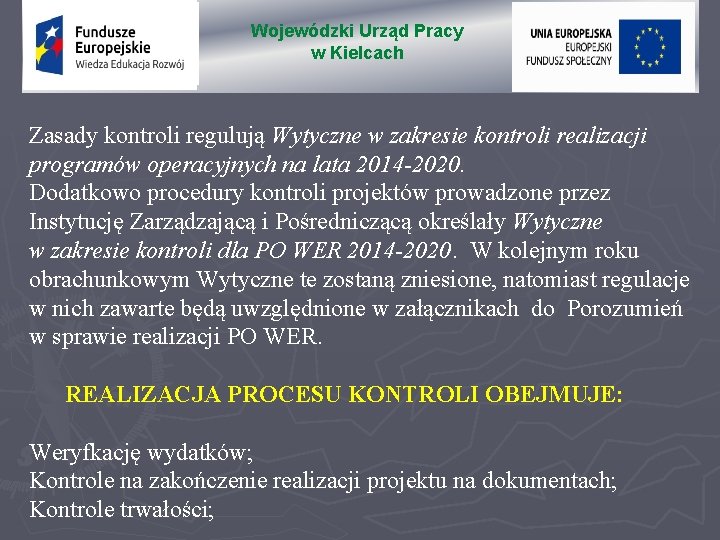 Wojewódzki Urząd Pracy w Kielcach Zasady kontroli regulują Wytyczne w zakresie kontroli realizacji programów