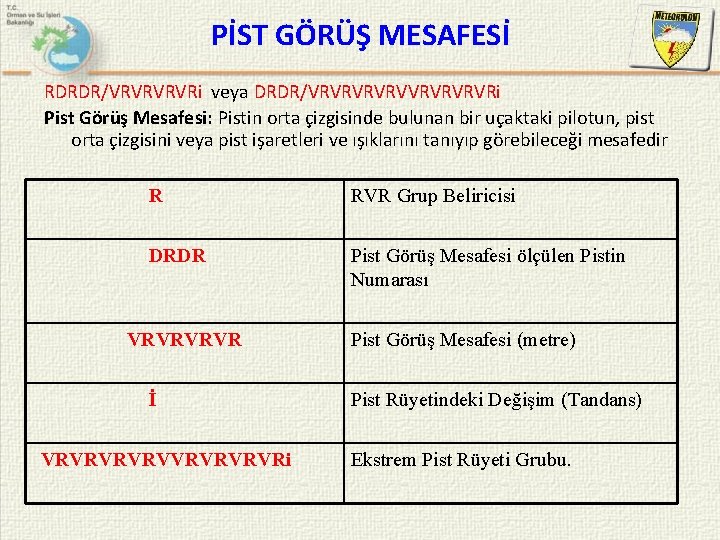 PİST GÖRÜŞ MESAFESİ RDRDR/VRVRi veya DRDR/VRVRVVRVRi Pist Görüş Mesafesi: Pistin orta çizgisinde bulunan bir