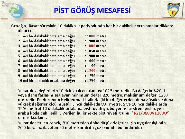 PİST GÖRÜŞ MESAFESİ Örneğin; Rasat süresinin 10 dakikalık periyodunda her bir dakikalık ortalamalar dikkate