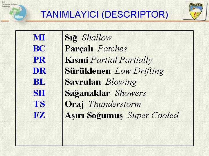 TANIMLAYICI (DESCRIPTOR) MI BC PR DR BL SH TS FZ Sığ Shallow Parçalı Patches