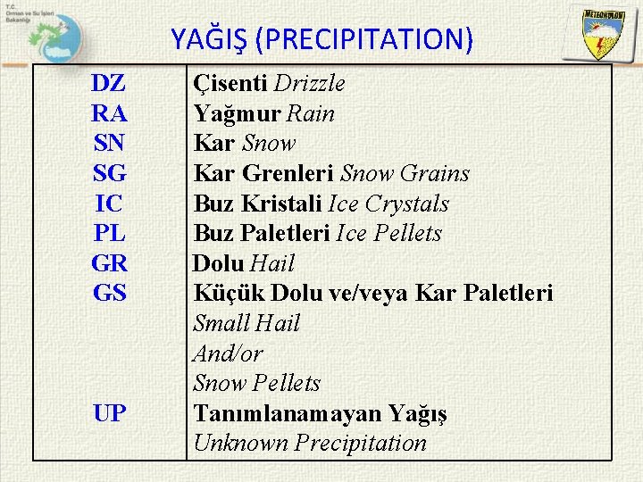 YAĞIŞ (PRECIPITATION) DZ RA SN SG IC PL GR GS UP Çisenti Drizzle Yağmur