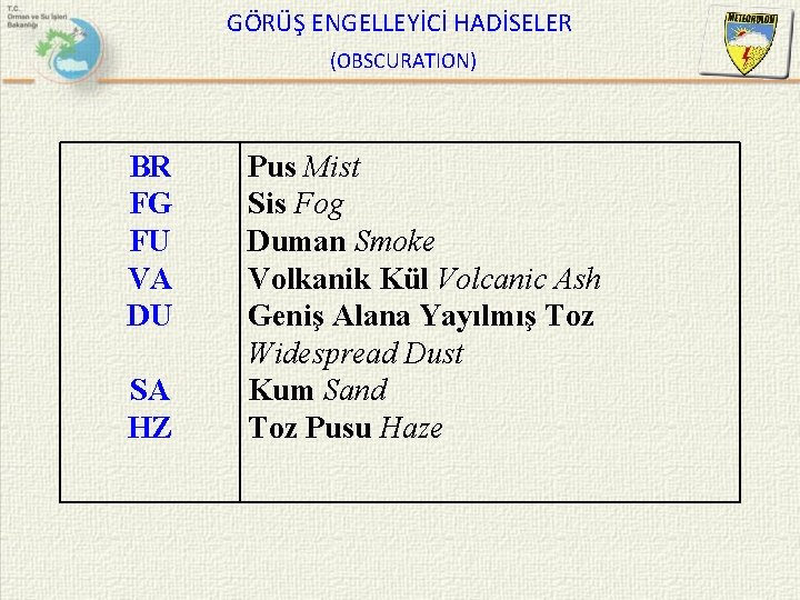 GÖRÜŞ ENGELLEYİCİ HADİSELER (OBSCURATION) BR FG FU VA DU SA HZ Pus Mist Sis