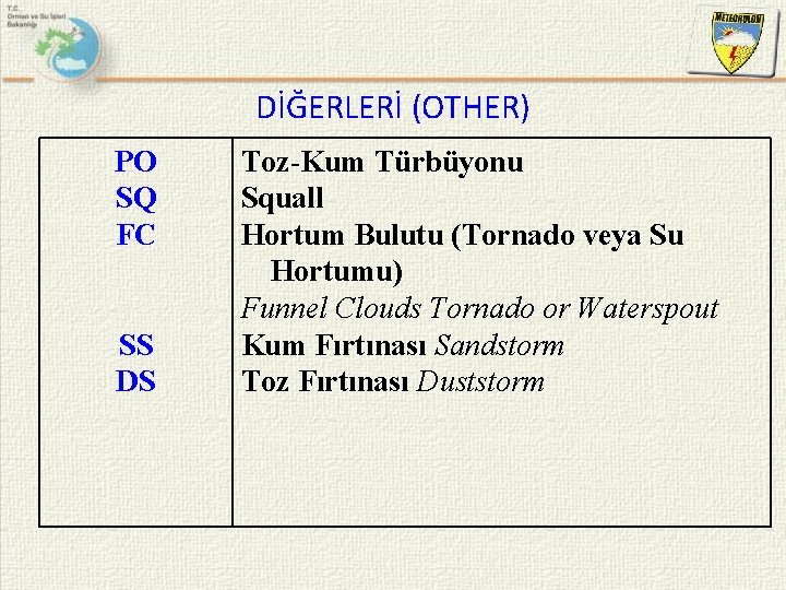 DİĞERLERİ (OTHER) PO SQ FC SS DS Toz-Kum Türbüyonu Squall Hortum Bulutu (Tornado veya