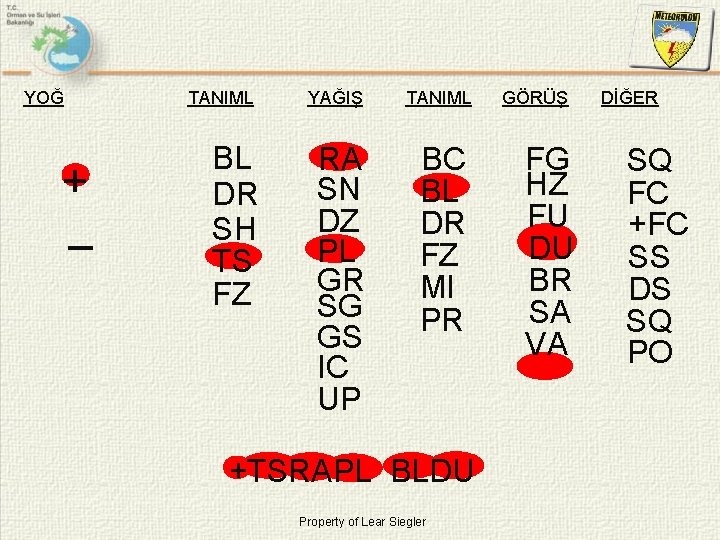 YOĞ + _ TANIML YAĞIŞ BL DR SH TS FZ RA SN DZ PL