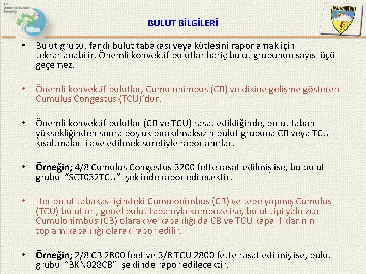 BULUT BİLGİLERİ • Bulut grubu, farklı bulut tabakası veya kütlesini raporlamak için tekrarlanabilir. Önemli