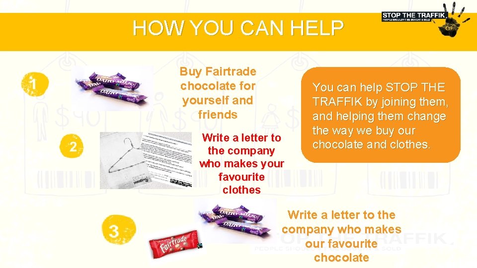 HOW YOU CAN HELP Buy Fairtrade chocolate for yourself and friends Write a letter