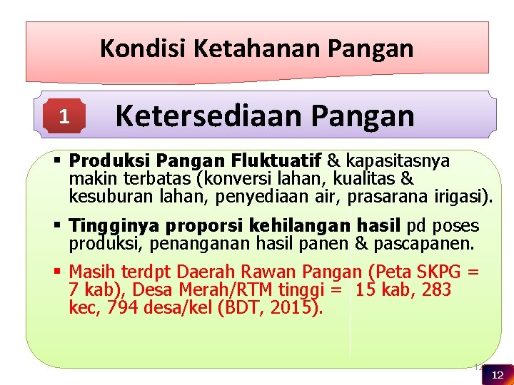 Kondisi Ketahanan Pangan 1 Ketersediaan Pangan § Produksi Pangan Fluktuatif & kapasitasnya makin terbatas