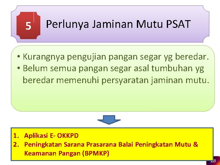 5 Perlunya Jaminan Mutu PSAT • Kurangnya pengujian pangan segar yg beredar. • Belum