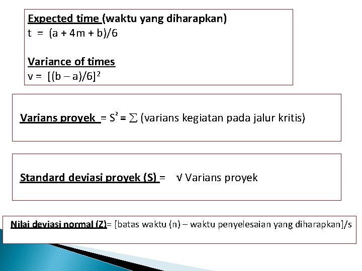 Expected time (waktu yang diharapkan) t = (a + 4 m + b)/6 Variance