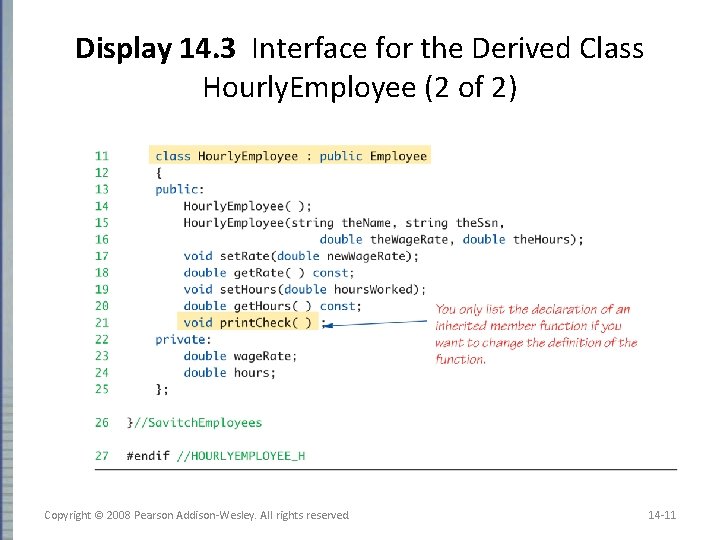 Display 14. 3 Interface for the Derived Class Hourly. Employee (2 of 2) Copyright