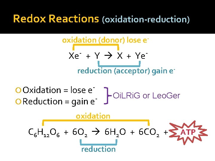 Redox Reactions (oxidation-reduction) oxidation (donor) lose e- Xe- + Y X + Yereduction (acceptor)