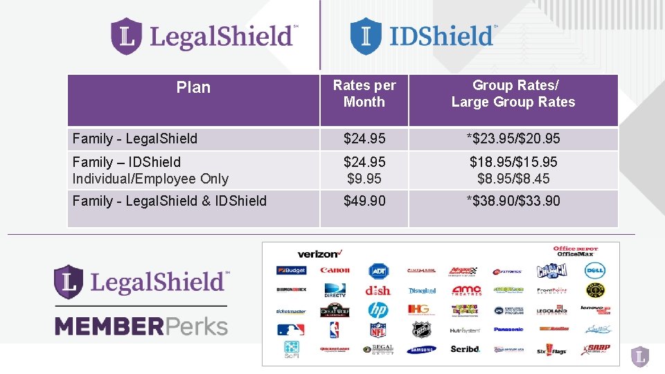 Rates per Month Group Rates/ Large Group Rates Family - Legal. Shield $24. 95