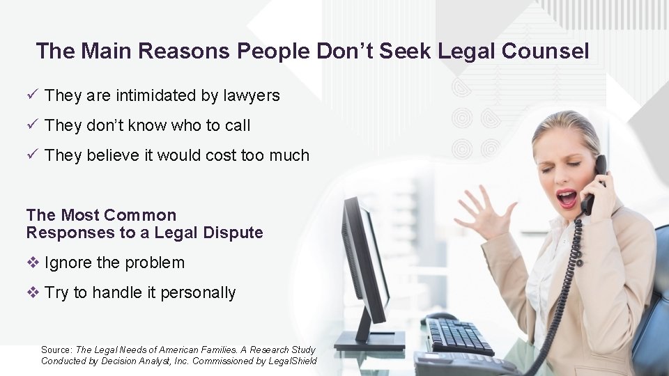 The Main Reasons People Don’t Seek Legal Counsel ü They are intimidated by lawyers