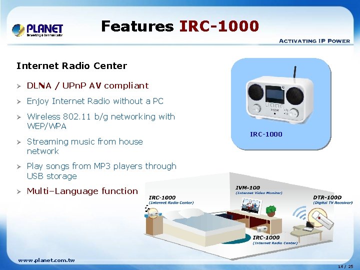 Features IRC-1000 Internet Radio Center Ø DLNA / UPn. P AV compliant Ø Enjoy