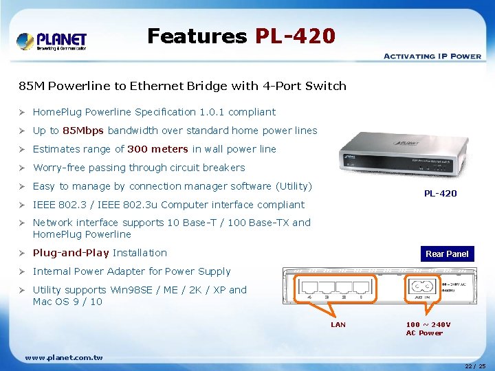 Features PL-420 85 M Powerline to Ethernet Bridge with 4 -Port Switch Ø Home.