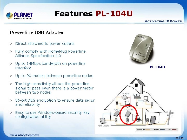 Features PL-104 U Powerline USB Adapter Ø Direct attached to power outlets Ø Fully