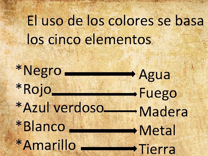 El uso de los colores se basa e los cinco elementos. *Negro *Rojo *Azul