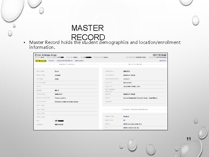 • MASTER RECORD Master Record holds the student demographics and location/enrollment information. 11