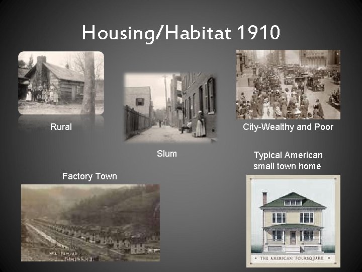 Housing/Habitat 1910 Rural City-Wealthy and Poor Slum Factory Town Typical American small town home Housing/Habitat 1910 Rural City-Wealthy and Poor Slum Factory Town Typical American small town home