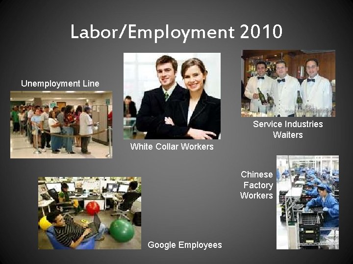 Labor/Employment 2010 Unemployment Line Service Industries Waiters White Collar Workers Chinese Factory Workers Google