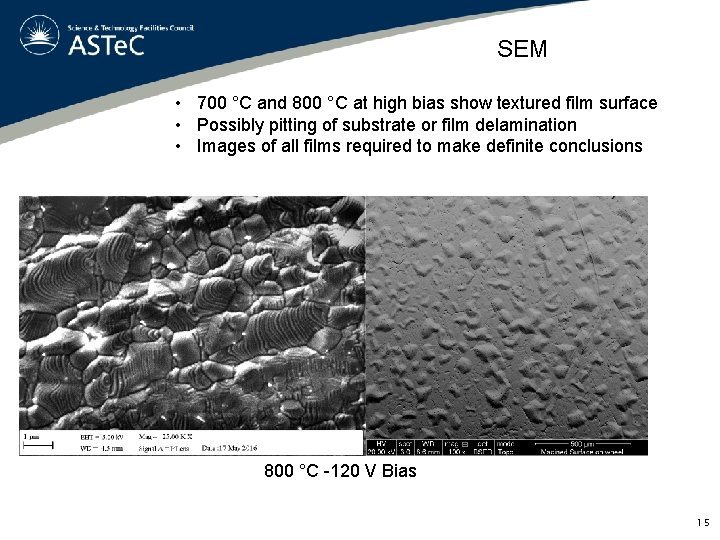 SEM • 700 °C and 800 °C at high bias show textured film surface