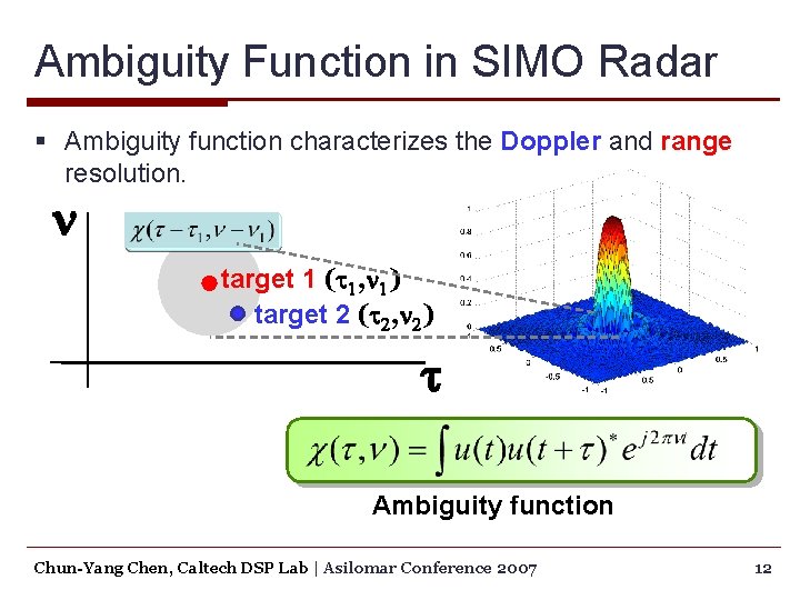 Ambiguity Function in SIMO Radar § Ambiguity function characterizes the Doppler and range resolution.