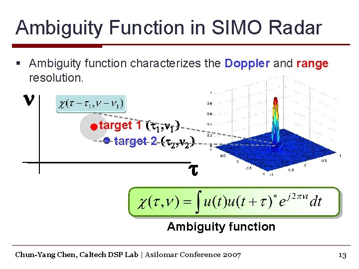 Ambiguity Function in SIMO Radar § Ambiguity function characterizes the Doppler and range resolution.