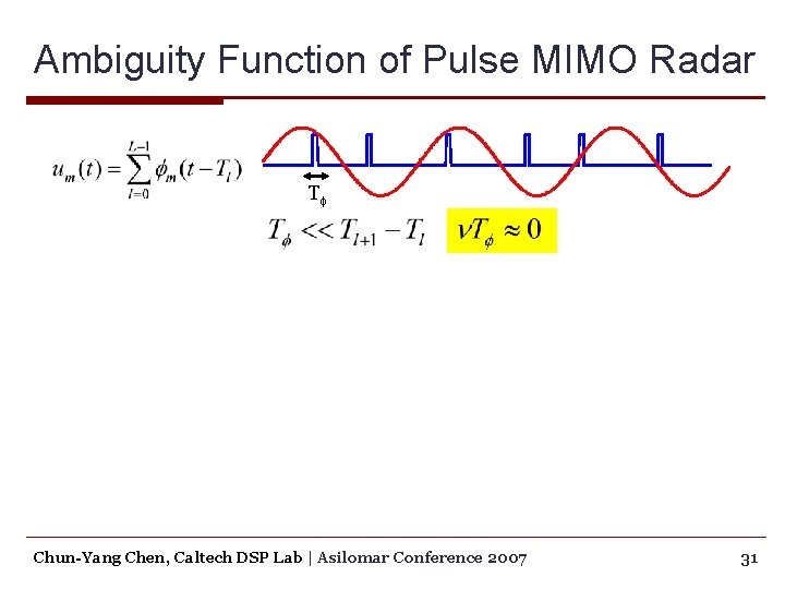 Ambiguity Function of Pulse MIMO Radar Tf Chun-Yang Chen, Caltech DSP Lab | Asilomar