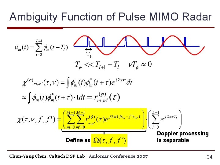 Ambiguity Function of Pulse MIMO Radar Tf Define as Chun-Yang Chen, Caltech DSP Lab