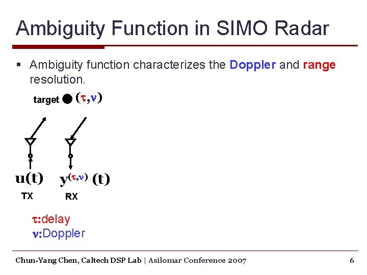 Ambiguity Function in SIMO Radar § Ambiguity function characterizes the Doppler and range resolution.