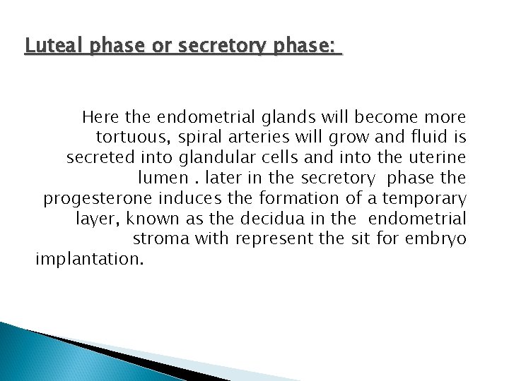 Luteal phase or secretory phase: Here the endometrial glands will become more tortuous, spiral