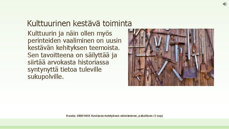 Kulttuurinen kestävä toiminta Kulttuurin ja näin ollen myös perinteiden vaaliminen on uusin kestävän kehityksen