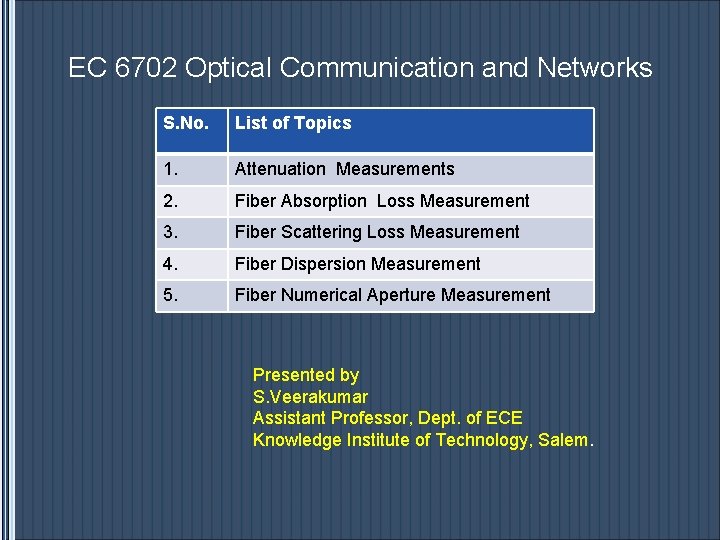 EC 6702 Optical Communication and Networks S. No. List of Topics 1. Attenuation Measurements