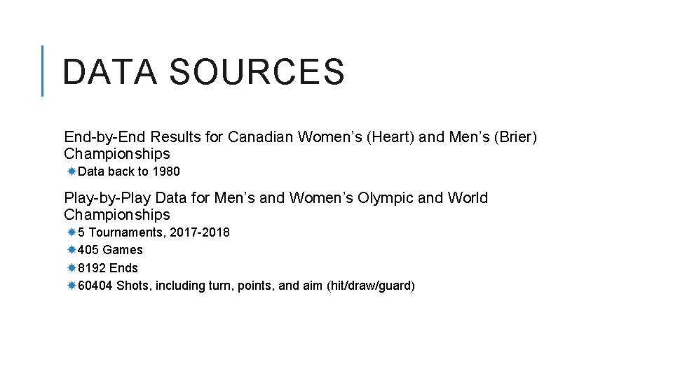 DATA SOURCES End-by-End Results for Canadian Women’s (Heart) and Men’s (Brier) Championships Data back