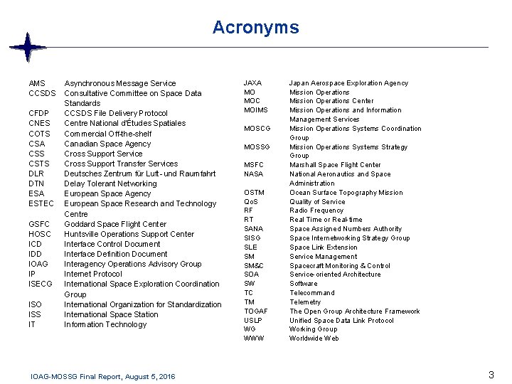 Acronyms AMS CCSDS CFDP CNES COTS CSA CSS CSTS DLR DTN ESA ESTEC GSFC