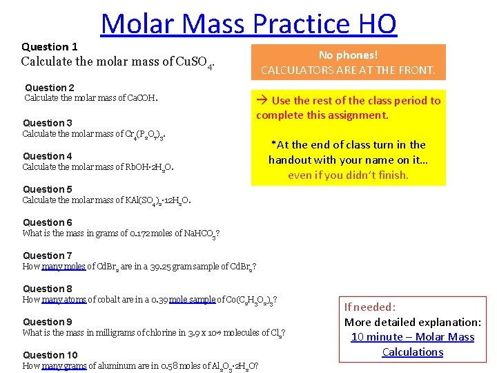 Molar Mass Practice HO Question 1 Calculate the molar mass of Cu. SO 4.