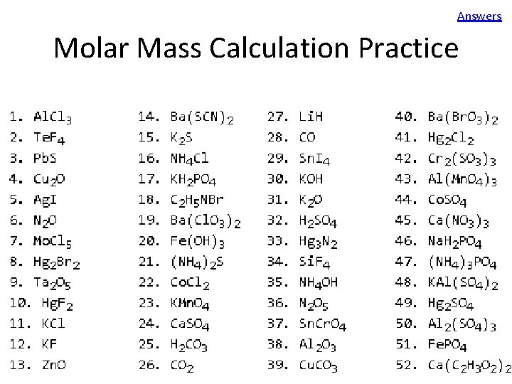 Answers Molar Mass Calculation Practice 