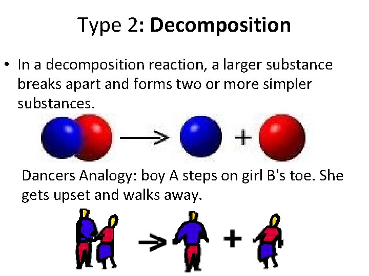 Type 2: Decomposition • In a decomposition reaction, a larger substance breaks apart and