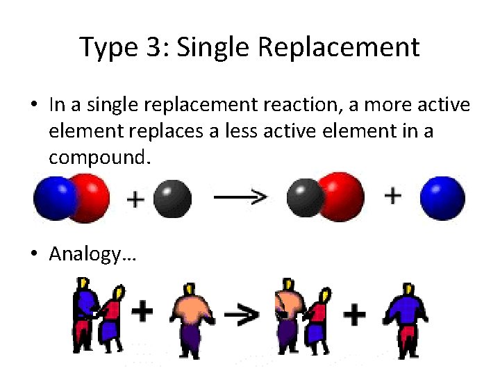 Type 3: Single Replacement • In a single replacement reaction, a more active element
