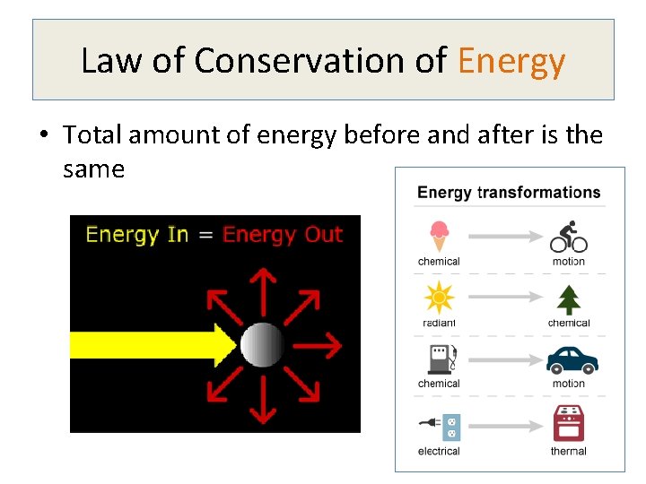 Law of Conservation of Energy • Total amount of energy before and after is