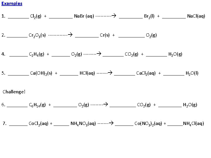 Examples 1. ____ Cl 2(g) + _____ Na. Br (aq) _____ Br 2(l) +