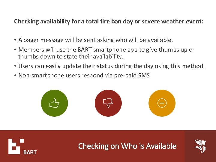 Checking availability for a total fire ban day or severe weather event: • A