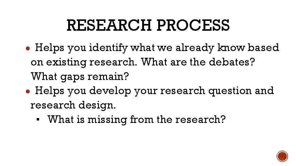 RESEARCH PROCESS ● Helps you identify what we already know based on existing research.