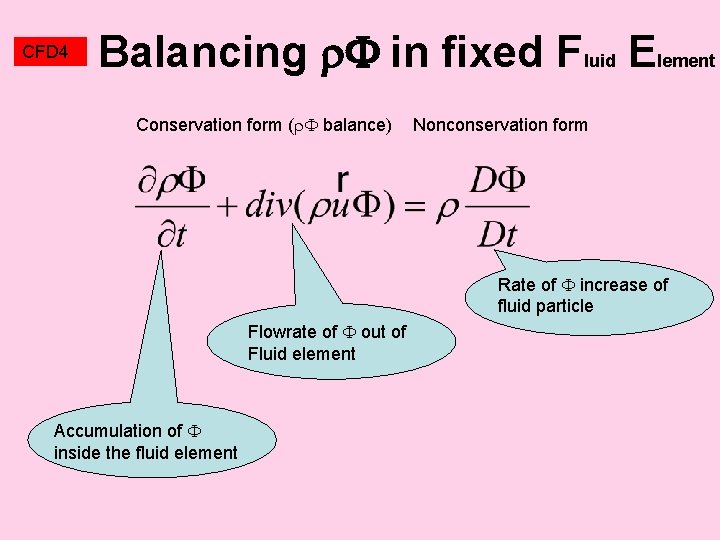 CFD 4 Balancing in fixed Fluid Element Conservation form ( balance) Nonconservation form Rate