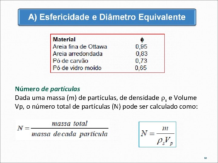 Número de partículas Dada uma massa (m) de partículas, de densidade s e Volume