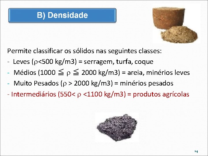 Permite classificar os sólidos nas seguintes classes: - Leves ( <500 kg/m 3) =